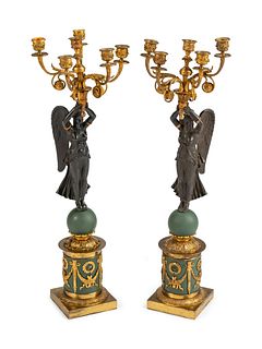 A Pair of Empire Parcel-Gilt and Patinated Bronze Six-Light Candelabra
Height 31 x diameter 10 inches.