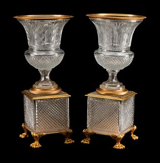 A Pair of Gilt-Bronze-Mounted Cut Glass Urns
Height 21 x diameter 10 inches.
