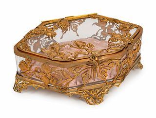 A French Art Nouveau Gilt-Bronze-Mounted Hexagonal Glass Box
Height 5 x length 12 x depth 8 1/2 inches.