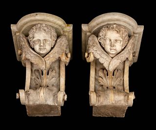 A Pair of Italian Amorini-Carved Marble Brackets
Height 20 x length 17 x depth 20 inches.