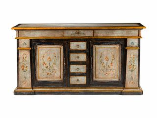 A Venetian Neoclassical Style Polychromed Credenza
Height 43 x length 82 1/2 x depth 19 inches.