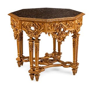 An Italian Neoclassical Style Giltwood Octagonal Center Table
Height 31 x length 38 1/2 x depth 38 1/2 inches.