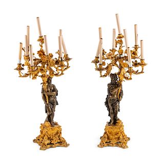 A Pair of Parcel-Gilt and Patinated Bronze Figural Eight-Light Candelabra
Height 39 x width 17 x depth 16 inches.