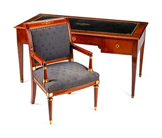 A Baltic Neoclassical Style Mahogany Desk and Chair
Height of desk 29 x length 59 x depth 30 inches; height of chair 35 1/2 x width 24 x depth 19 1/2 