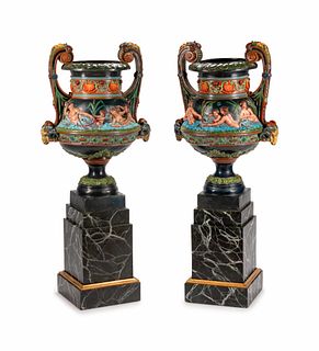 A Pair of Rococo Style Polychromed Bronze Urns
Height 58 x width 24 x depth 18 inches.
