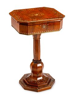 A Continental Mother-of-Pearl Inlaid Walnut Pedestal Vanity
Height 31 x width 20 x depth 16 1/2 inches.