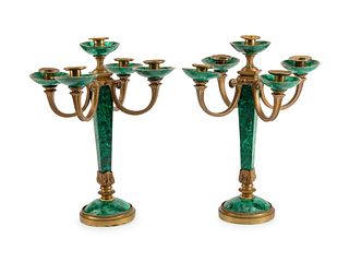 A Pair of Neoclassical Style Gilt-Bronze and Malachite Five-Light Candelabra
Height 17 x width 11 x depth 11 inches.