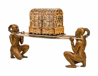 A 'Jeweled' Bone Casket on a Palanquin Supported by Gilt-Bronze Mongolian Attendants
Height 52 x length 89 x depth 18 1/2 inches.