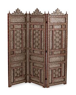 A Moorish Style Double-Sided Inlaid Three-Panel Floor Screen
Height 78 x width of each panel 24 inches.