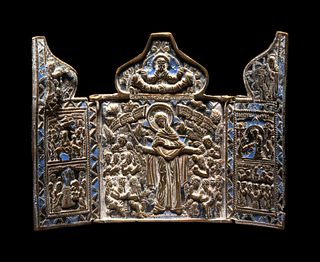 A Russian or Eastern European Enameled Bronze Tryptich Icon