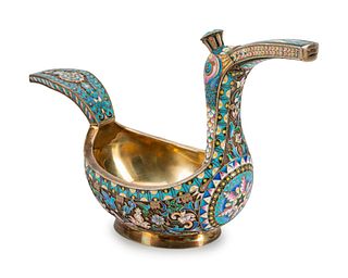 A Russian Silver and Enamel Bird-Form Kovsh
Height 6 1/2 x length 10 1/2 x depth 4 inches.
