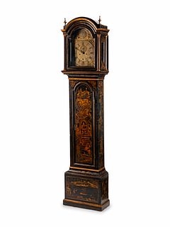 A George III Black-Japanned Longcase Clock
Height 85 x width 19 x depth 9 1/2 inches.