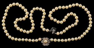 Double Strand Pearl Necklace w/ Dia.& 14K Clasp