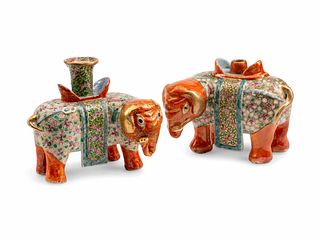 Two Chinese Export Porcelain Elephant CandlesticksHeight 5 1/2 x length 6 x depth 4 1/2 inches.