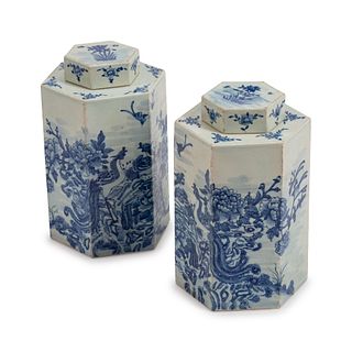 A Pair of Chinese Porcelain Hexagonal Tea Cannisters and Covers
Height 13 1/2 x diameter 8 1/2 inches.