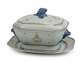 A Chinese Export Porcelain Tureen, Cover and Stand
Height 9 x length 14 x depth 10 1/2 inches.