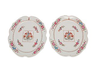 A Pair of Chinese Export Porcelain Armorial Scalloped Oval Platters
14 1/2 x 13 inches.