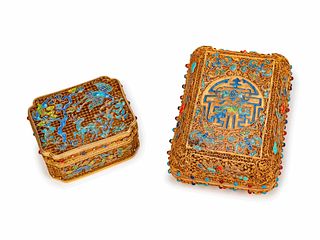 Two Chinese Jeweled Silver and Enamel Boxes
Height 2 1/2 x length 6 x depth 4 inches.