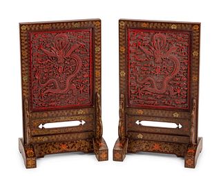 A Pair of Chinese Red Lacquer Table Screens
Height 21 x width 12 x depth 8 inches.