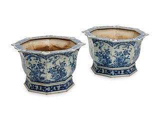 A Pair of Chinese Blue and White Porcelain Octagonal Jardinieres
Height 12 1/2 x diameter 21 1/2 inches.