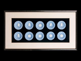 Two Framed Collections of Wedgwood Blue and White Jasperware Cameos
Overall dimensions 20 x 37 and 31 x 20 inches.