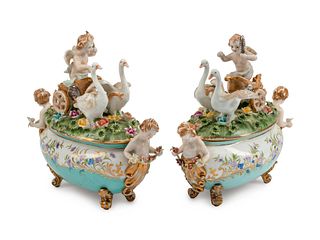 A Pair of Italian Porcelain Sauce Tureens and Covers
Height 9 1/2 x length 11 x depth 4 1/2 inches.