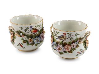 A Pair of German Porcelain Two-Handled Cache Pots
Height 5 x diameter 6 inches.