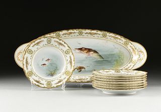 A NINE PIECE FISH PAINTED PORCELAIN SET, BY THEODORE HAVILAND, LIMOGES, FRENCH, LATE 19TH/EARLY 20TH CENTURY,