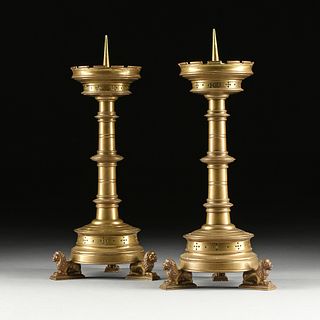 A PAIR OF MEDIEVAL STYLE BRONZE CHURCH ALTAR PRICKET STICKS, POSSIBLY ITALIAN, LATE 19TH/EARLY 20TH CENTURY,