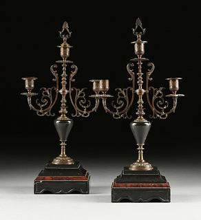 A PAIR OF BELLE EPOQUE BRONZE AND MARBLE THREE LIGHT CANDELABRAS, CIRCA 1880,