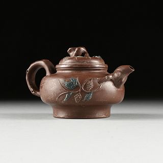 A YIXING ZISHA AND ZUSHA PURPLE AND GREEN CLAY SQUIRREL, GRAPE AND BRANCH FORM TEAPOT, CHINESE, 19TH/20TH CENTURY,
