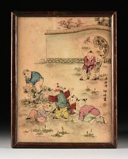 A LATE QING DYNASTY PAINTED STONE PLAQUE, "Seven Sons Playing in the Garden," CIRCA 1900,
