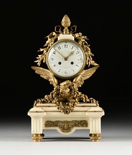 A LOUIS XVI STYLE ORMOLU MOUNTED WHITE MARBLE MANTLE CLOCK, WORKS BY VINCENTI, CIRCA 1855, 