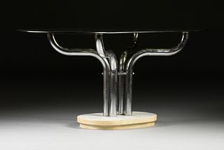 A VINTAGE MODERN SMOKED GLASS AND CHROME CENTER TABLE ON MARBLE BASE, POSSIBLY ITALIAN, CIRCA 1970,