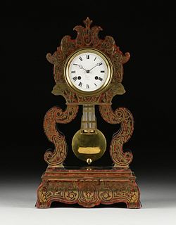 AN ANTIQUE FRENCH BOULLE BRASS MARQUETRY INLAID MANTLE CLOCK, BY GUYRON, PARIS, MID 19TH CENTURY,