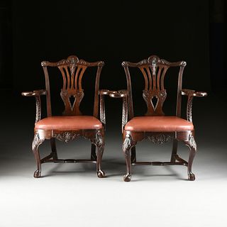 A PAIR OF GEORGE II STYLE CARVED MAHOGANY AND RED LEATHER UPHOLSTERED DINING ARMCHAIRS, 18TH/19TH CENTURY,