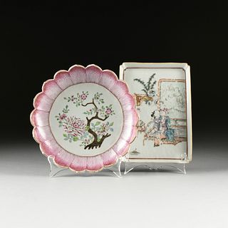 TWO QING DYNASTY FAMILLE ROSE ENAMELED PORCELAIN PLATES, EROTIC, CHINESE, 19TH CENTURY,