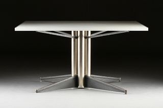 A MID CENTURY MODERN WHITE LAMINATE AND CHROMED STEEL OFFICE TABLE, POSSIBLY ITALIAN, THIRD QUARTER 20TH CENTURY,