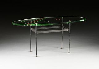 A MID-CENTURY ITALIAN PAINTED GLASS AND IRON COFFEE TABLE, CIRCA 1960,
