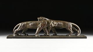 ALBERTO BAZZONI (Italian 1889-1973) A BRONZE ANIMAL GROUP, "Courting Panthers," 1920s,