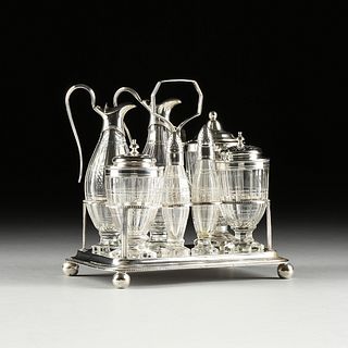 A GEORGE III SILVER CRUET STAND AND SEVEN ASSOCIATED SILVER MOUNTED GLASSWARES, EACH HALLMARKED, 18TH AND 19TH CENTURY,