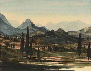 H.R.H. PRINCE OF WALES (English b. 1948) A PRINT, "Greek Island Landscape," 1999, 