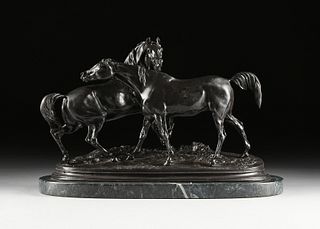 after PIERRE-JULES MÊNE (French 1810-1879) A BRONZE HORSE SCULPTURE, "L'Accolade," 20TH CENTURY,