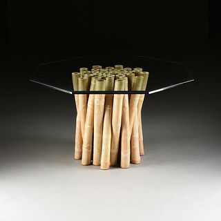 A VINTAGE MODERN AMERICAN GLASS TOPPED AND WHITEWASHED BAMBOO CENTER TABLE, BY BUDJI LAYUG, CIRCA 1980,