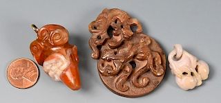 3 Chinese Carved Hardstone & Jade Items: dragon, mushroom, fruit