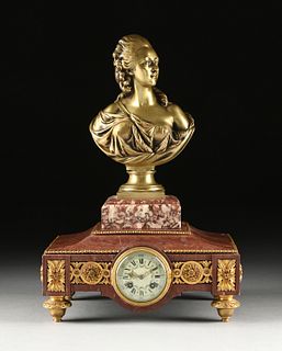 A LOUIS XVI STYLE ROUGE MARBLE CLOCK WITH GILT BRONZE PORTRAIT BUST OF MARIE ANTOINETTE, JAPY FRERES CLOCKWORKS, FRENCH, LAST HALF 19TH CENTURY,
