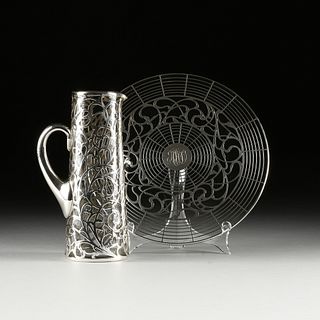 AN ART DECO SILVER OVERLAY GLASS PLATTER AND PITCHER, PROBABLY AMERICAN, EARLY/MID 20TH CENTURY,