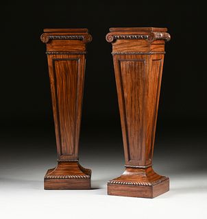 A PAIR OF GEORGE III STYLE CARVED MAHOGANY AND FAUX BOIS PAINTED PEDESTALS, CIRCA 1800,