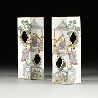 A PAIR OF QING DYNASTY STYLE FAMILLE ROSE ENAMELED HEXAGONAL PORCELAIN WIG STANDS, CHINESE, EARLY 20TH CENTURY,