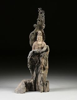 A LARGE CHINESE CARVED TREE TRUNK BUST OF GUANYIN, 20TH CENTURY, 